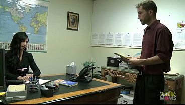 Tense brunette milf with fake boob uses the big cock of her intern in doggy style to orgasm