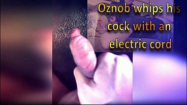 Amateurboy whips his cock with an electric cord